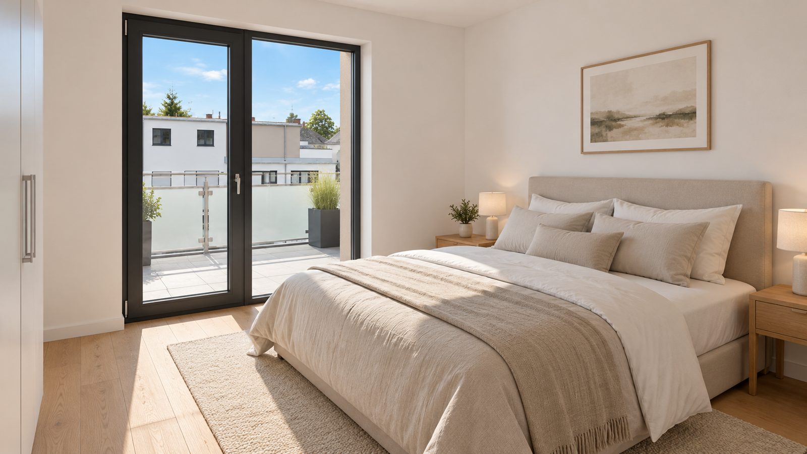 Schlafzimmer mit Tür zur Dachterrasse, Visualisierung